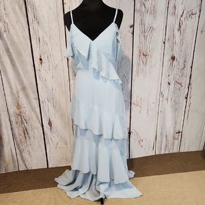 Boohoo Light Blue Ruffle Maxi Dress Chiffon 6 NWT